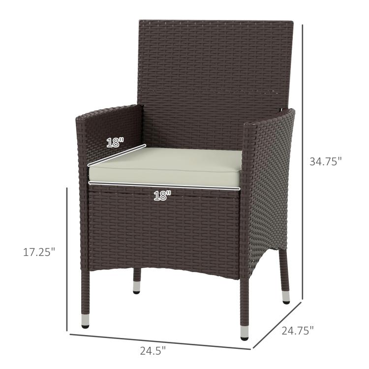 Dark coffee wicker armchair with white seat cushion, shown with height dimensions