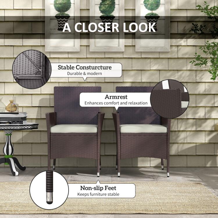 Pair of dark coffee wicker chairs with white cushions, featuring non-slip feet