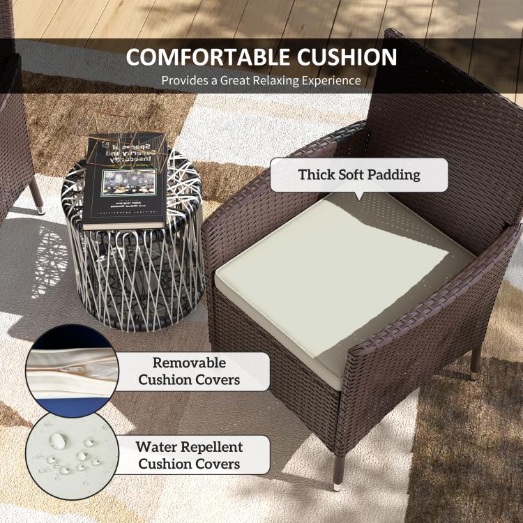 Dark coffee wicker outdoor chair with white cushion and removable cover detail