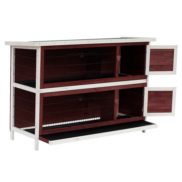 Stacked rabbit hutch with open front compartments and enclosed wire-mesh run