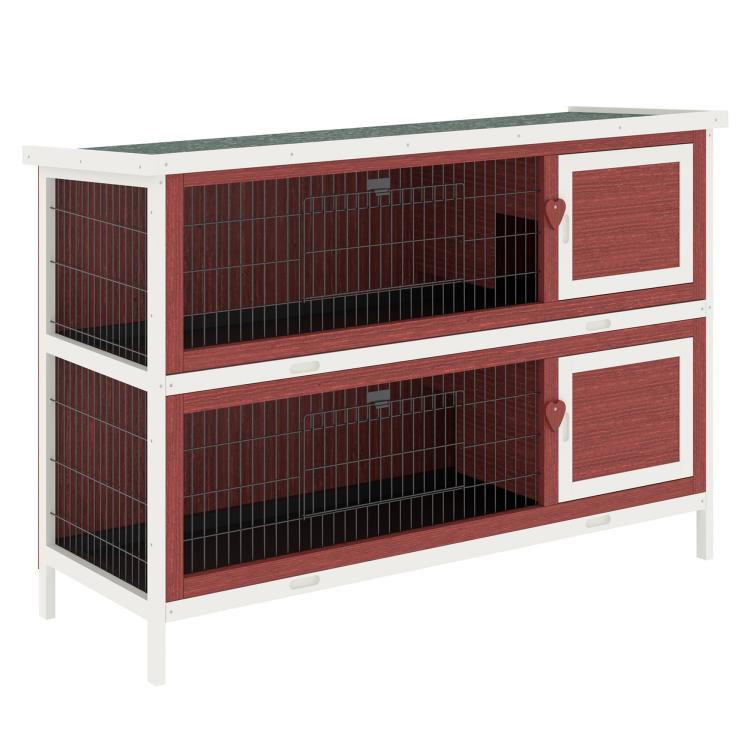Two-story rabbit hutch with wire mesh, elevated frame, and red pull-out tray doors
