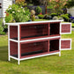 Two-story elevated rabbit hutch with enclosed run, front doors, and pull-out tray areas
