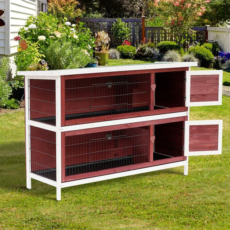 Two-story elevated rabbit hutch with enclosed run, front doors, and pull-out tray areas