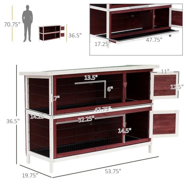 Rabbit hutch with two tiers shown with overall size and clearance measurements