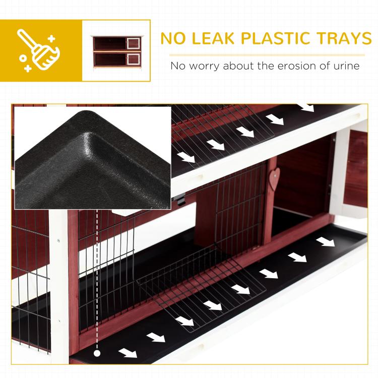 Raised rabbit hutch design with enclosed run floor and drainage tray area details
