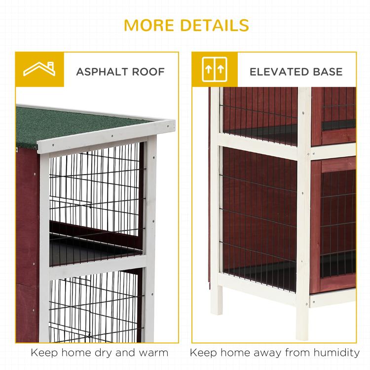 Rabbit hutch detail view with asphalt roof panel and elevated base structure