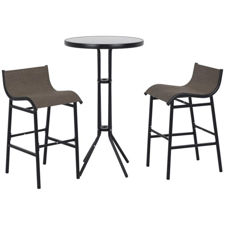 3-piece bar height bistro set: two gray sling bar stools and round glass table