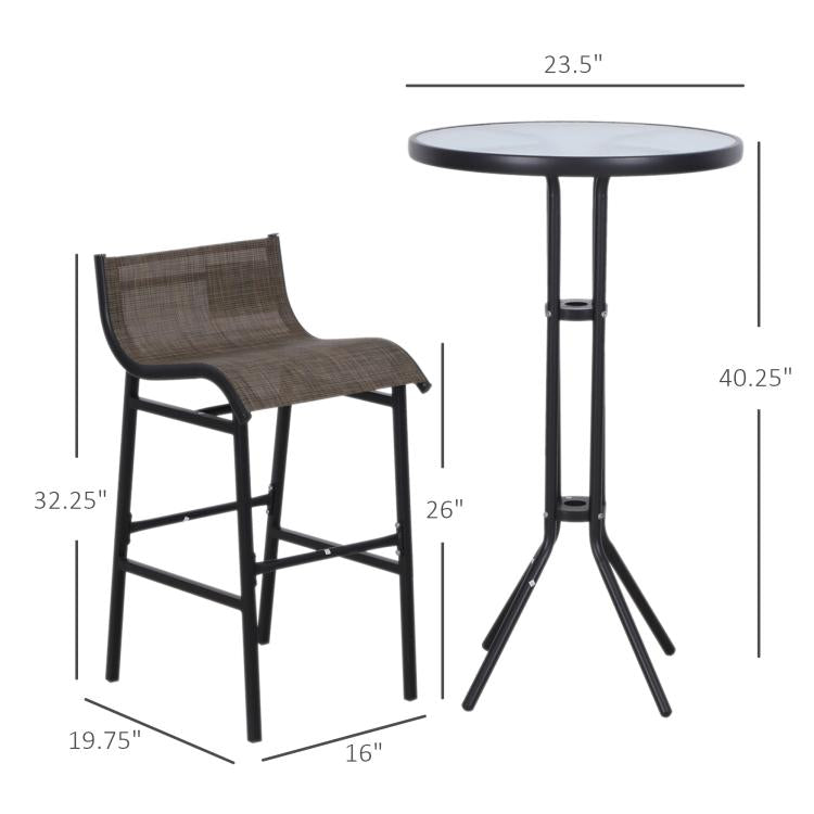 Bar height bistro table with round glass top and two gray sling stools, side view