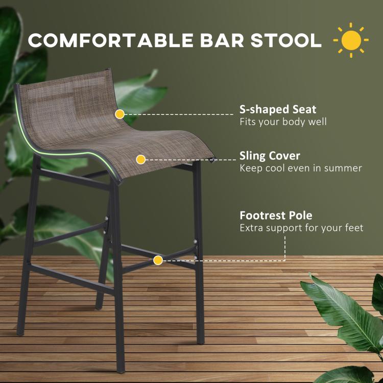 Gray sling bar stool with S-shaped seat and footrest pole