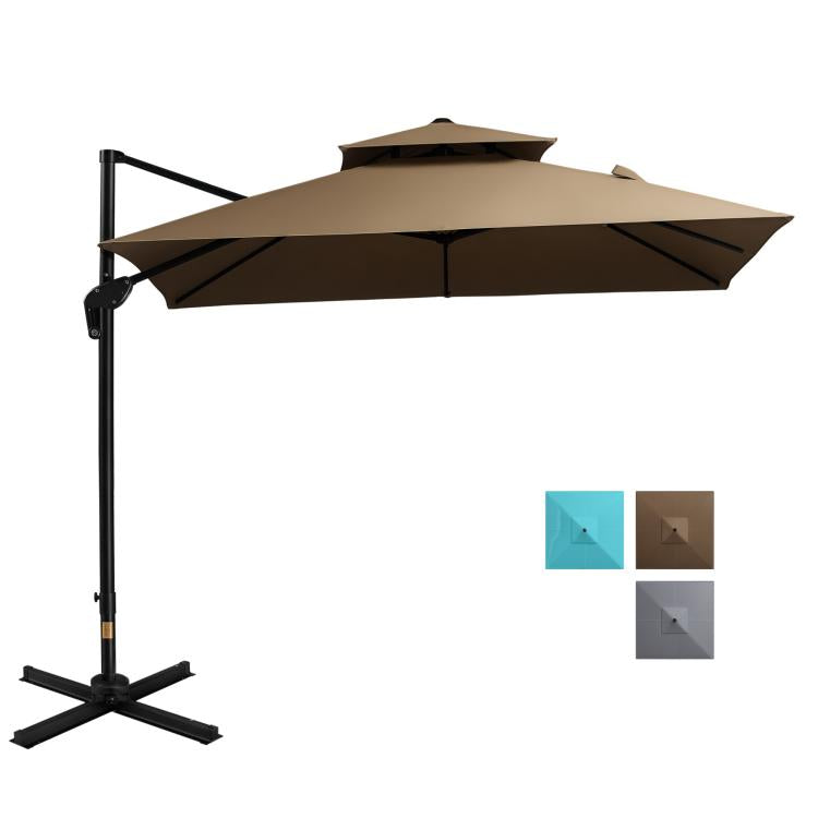 Coffee brown double-roof cantilever patio umbrella with black cross-base stand