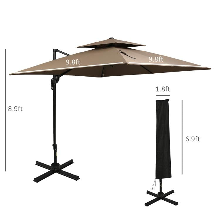 Coffee brown cantilever patio umbrella with base and hanging cover, with size labels