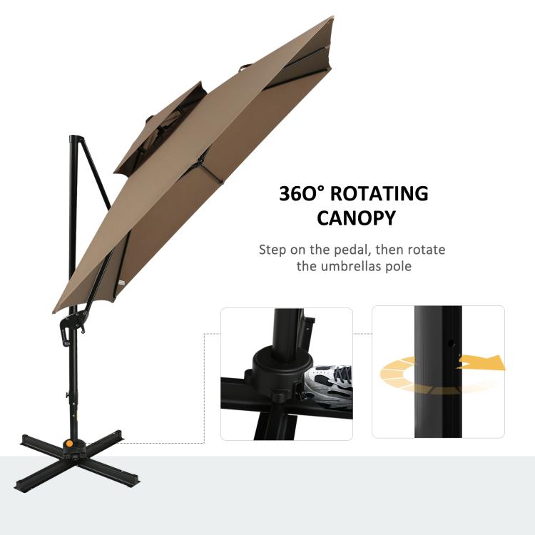 Cantilever patio umbrella showing 360-degree rotating canopy and black base stand