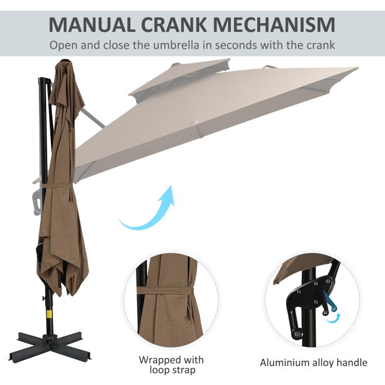Cantilever patio umbrella with manual crank mechanism and loop strap cover