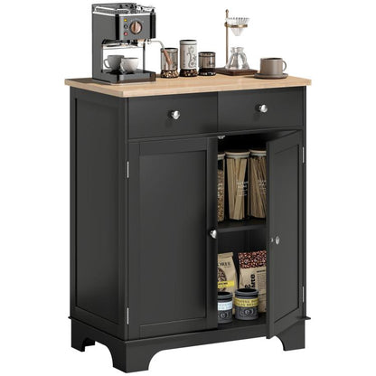 Black kitchen sideboard cabinet with light wood top; open doors reveal shelves and storage