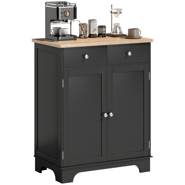 Black kitchen storage sideboard with light wood top and two cabinet doors