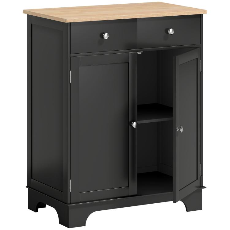 Black floor cabinet with wood top; open adjustable shelf behind doors; 2 drawers.