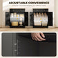 Black kitchen cabinet with adjustable interior shelf shown in three positions
