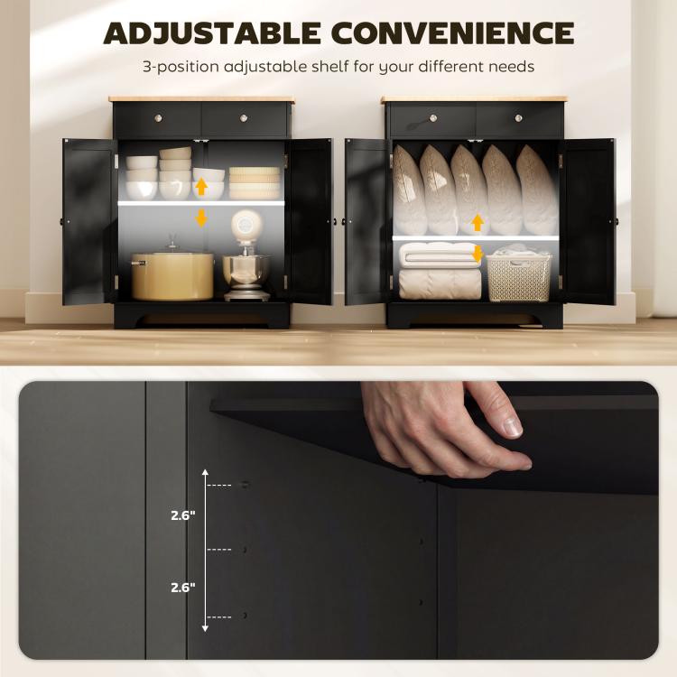 Black kitchen cabinet with adjustable interior shelf shown in three positions