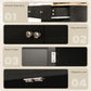 Black sideboard cabinet hardware close-up: slide rails, knobs, hinges, and magnetic lock