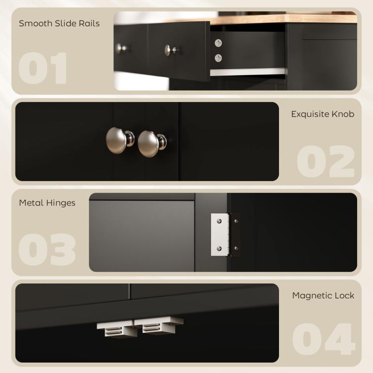 Black sideboard cabinet hardware close-up: slide rails, knobs, hinges, and magnetic lock
