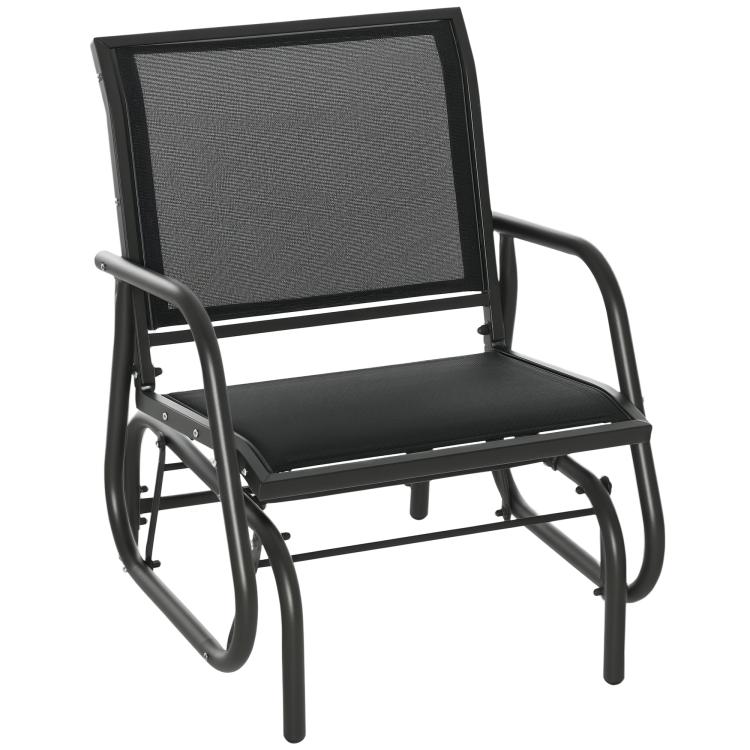 Black steel outdoor glider chair with mesh backrest and curved armrests