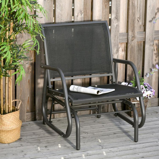Black steel glider chair with mesh backrest and fabric seat pad with curved arms