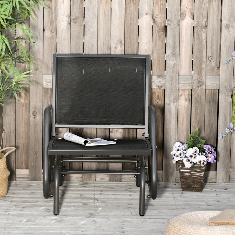 Black steel glider chair with mesh backrest and cushioned seat