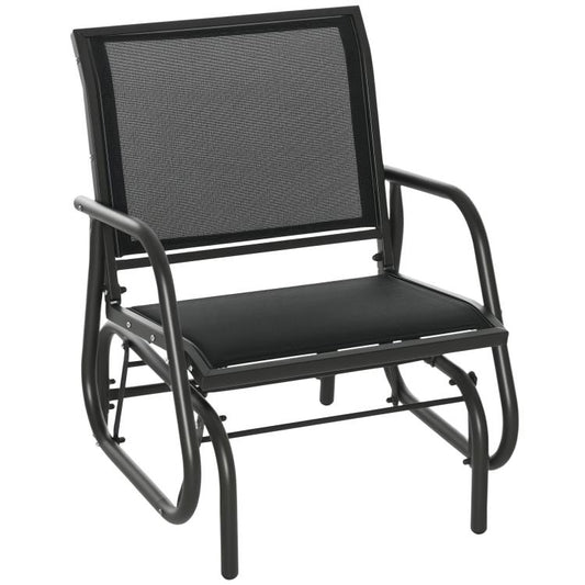 Black steel outdoor glider chair with mesh backrest and curved armrests