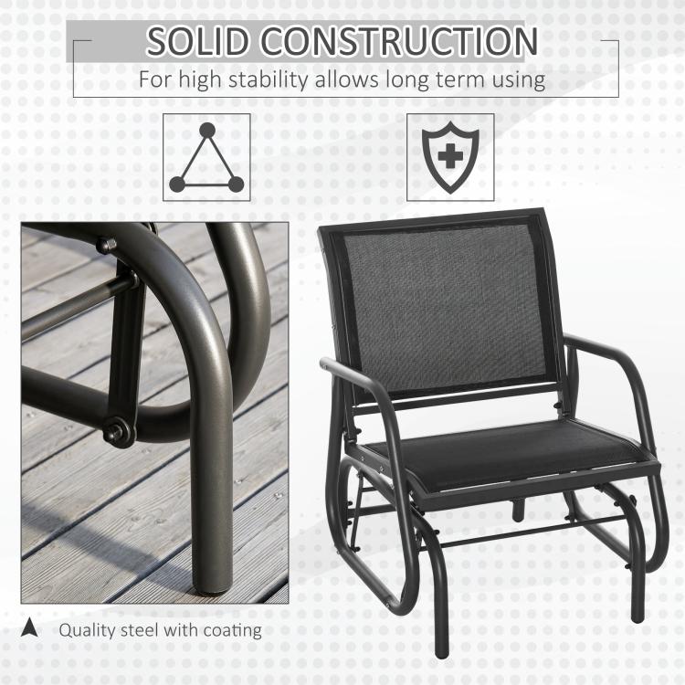 Black outdoor glider chair with coated steel frame and mesh backrest