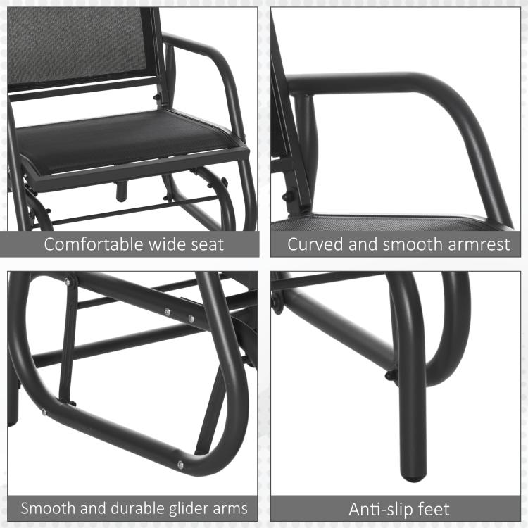 Black outdoor glider chair with wide seat, curved armrests, and anti-slip feet