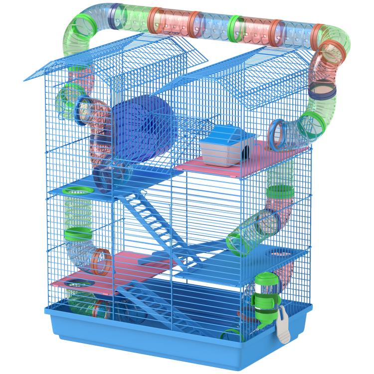 Blue small animal cage with 5 levels, colorful tunnel tubing, and activity wheel