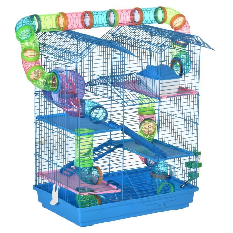 Blue 5-tier small animal cage with colorful tubes, tunnels, and activity wheel