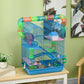 Blue 5-tier rodent cage with tubes, ramps, and colorful hideouts on multiple levels