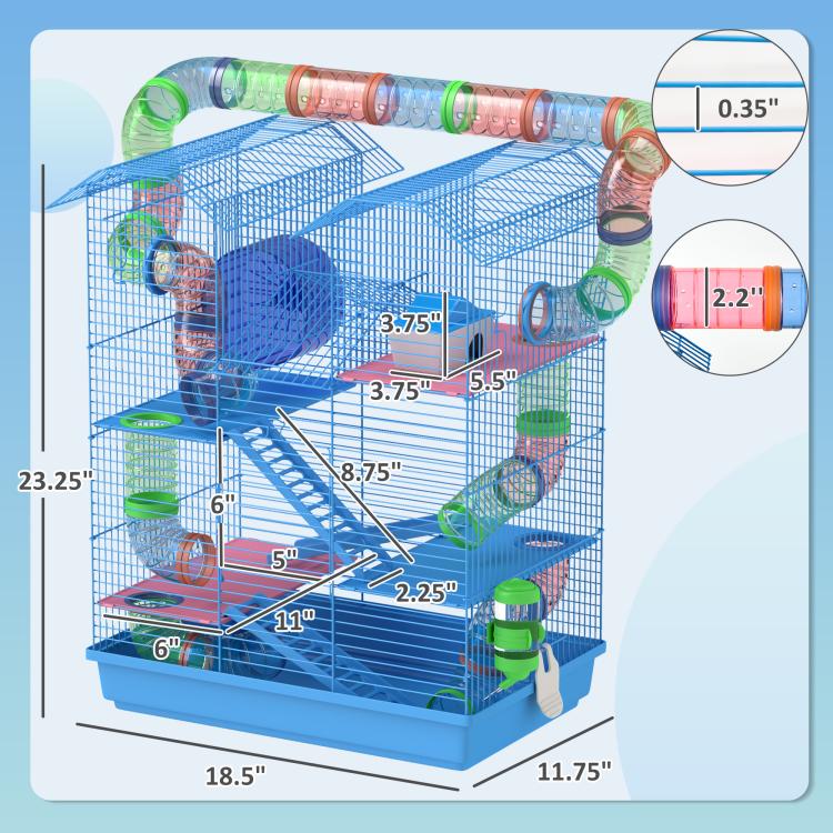 Blue 5-tier hamster cage with tunnel tubes, exercise wheel, and labeled dimensions diagram