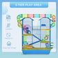 Blue 5-tier play area hamster cage diagram with ladders, platforms, and exercise wheel icons