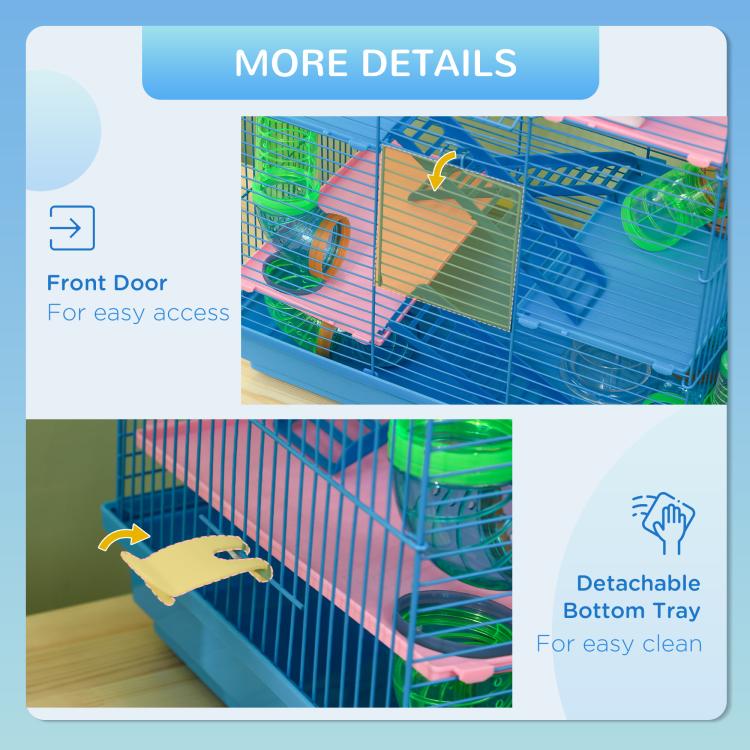 Blue hamster cage with front door access and detachable bottom tray shown in detail