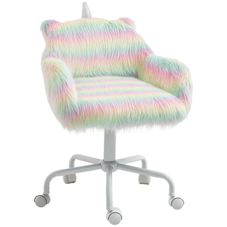 Rainbow fluffy unicorn plush office chair with mid-back, armrests, and white swivel base