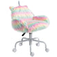 Rainbow unicorn plush office chair with armrests, mid-back, and white wheeled swivel base