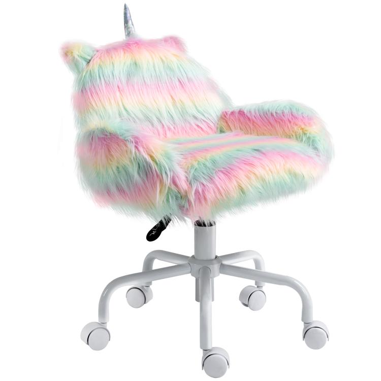 Rainbow unicorn plush office chair with armrests, mid-back, and white wheeled swivel base