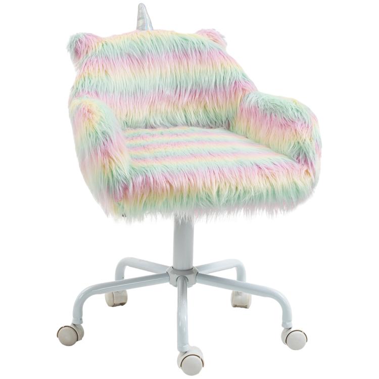 Rainbow fluffy unicorn office chair with mid-back, armrests, and swivel caster base