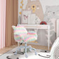 Rainbow fluffy unicorn office chair with armrests and white base, shown in a kids room