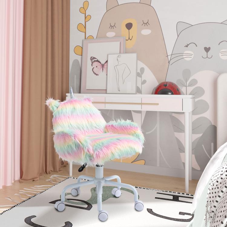 Rainbow fluffy unicorn office chair with armrests and white base, shown in a kids room