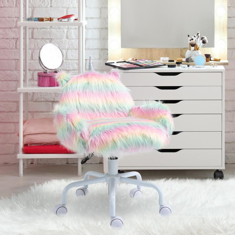 Rainbow unicorn plush office chair with armrests, mid-back, and white caster base