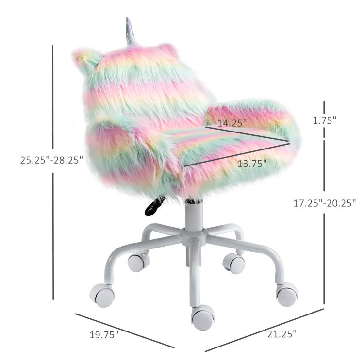 Rainbow unicorn plush office chair with white base and armrests, shown with size diagram