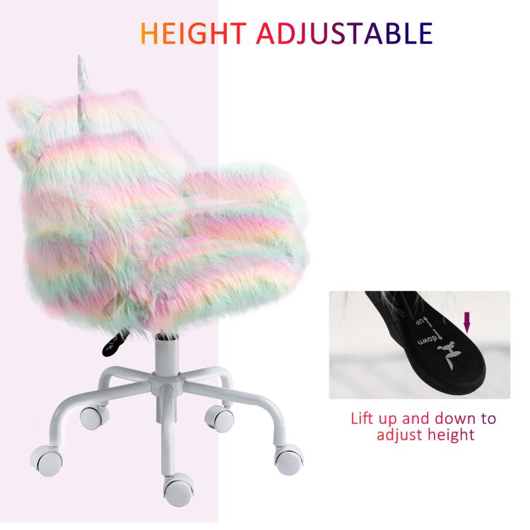 Rainbow unicorn plush office chair with height adjustment, armrests, and white caster base