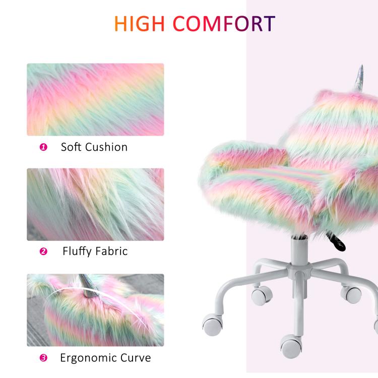 Rainbow fluffy unicorn office chair with plush cushioning and ergonomic curved seat
