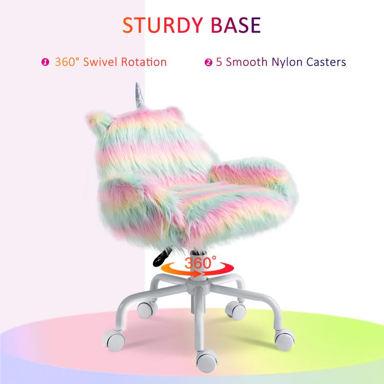 Rainbow unicorn plush office chair with 5 caster wheels and 360-degree swivel base