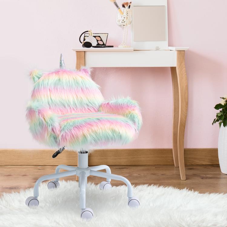 Rainbow unicorn plush office chair with armrests and white wheeled base in a room setting