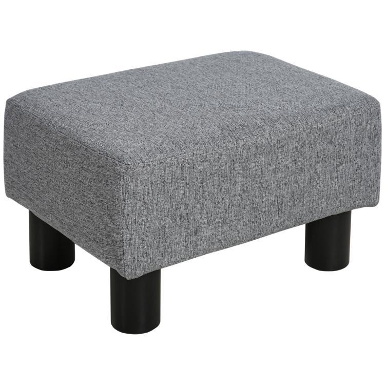 Gray cube ottoman foot rest with textured fabric top and black plastic legs