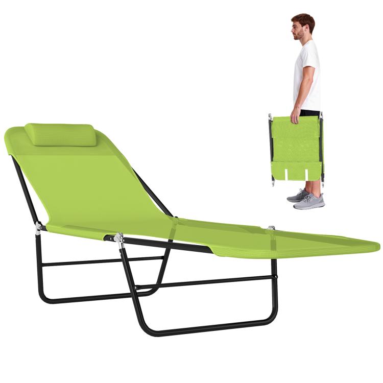 Green folding chaise lounge chair with padded headrest and black steel frame